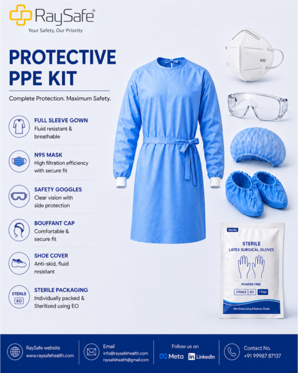 RaySafe Protective PPE Kit with surgical gown, N95 mask, goggles, cap, shoe covers and sterile gloves