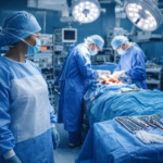 Premium sterile reinforced surgical gown designed for high-risk surgical procedures ,Advanced operation theater setup showing reinforced surgical gown for infection control