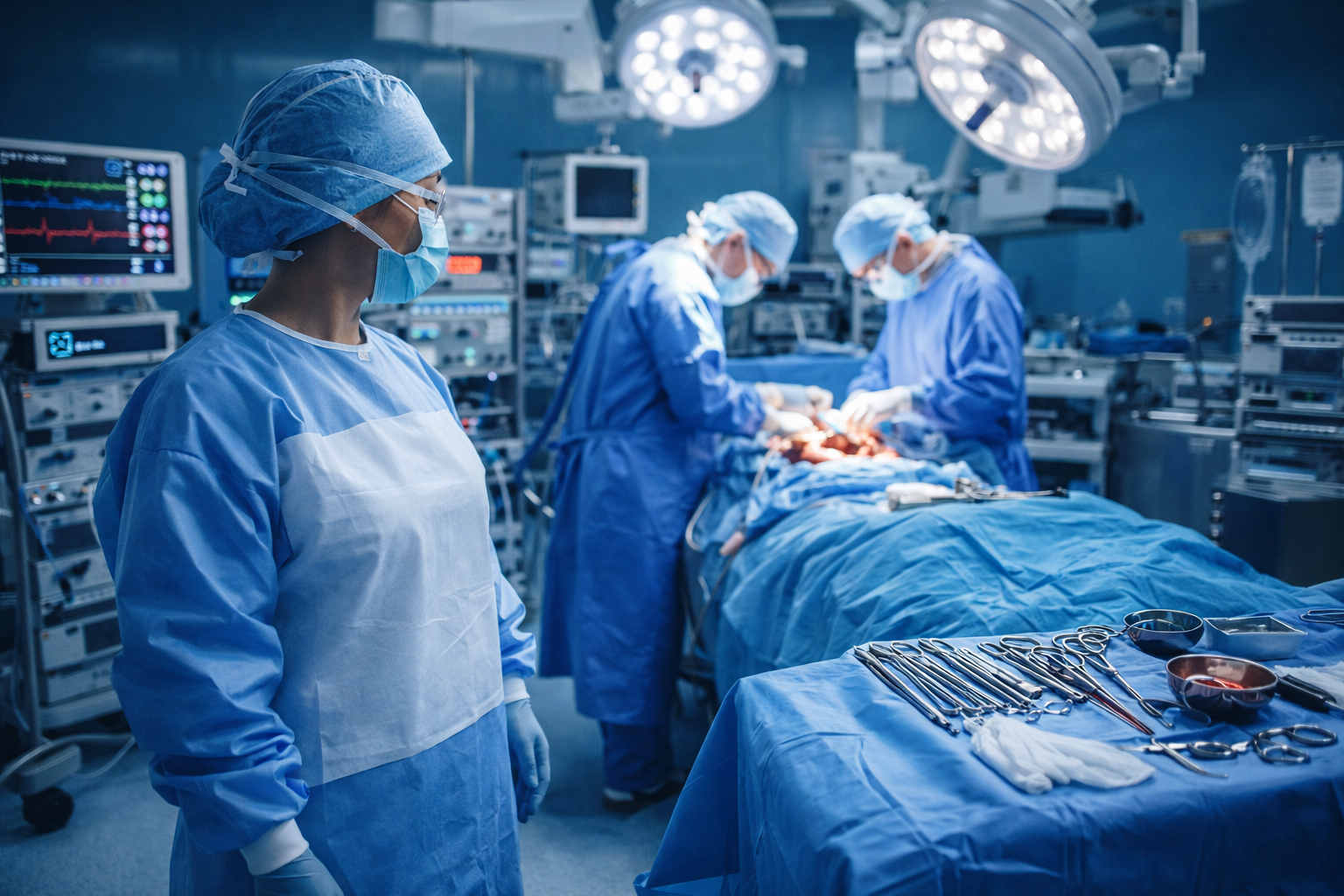 Premium sterile reinforced surgical gown designed for high-risk surgical procedures ,Advanced operation theater setup showing reinforced surgical gown for infection control